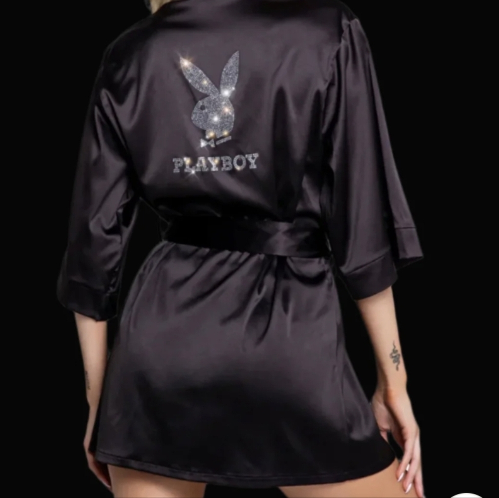 Playboy Sparkling Rhinestone Black Satin Bunny Robe M